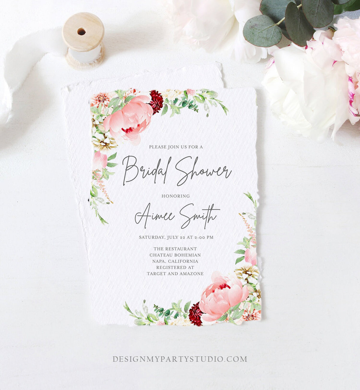 Editable Botanical Flowers Bridal Shower Invitation Floral Greenery Wedding Pastel Pink Peony Colors Digital Corjl Template Printable 0167