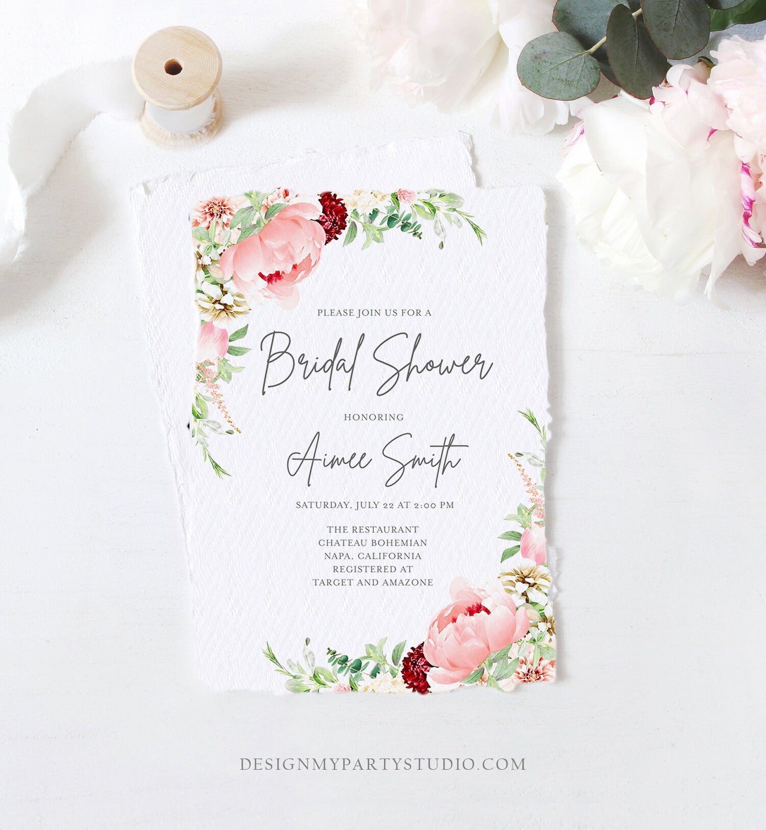 Editable Botanical Flowers Bridal Shower Invitation Floral Greenery Wedding Pastel Pink Peony Colors Digital Corjl Template Printable 0167