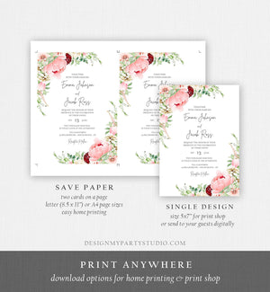 Editable Botanical Flowers Wedding Invitation Floral Greenery Bridal Shower Pastel Pink Peony Colors Digital Corjl Template Printable 0167