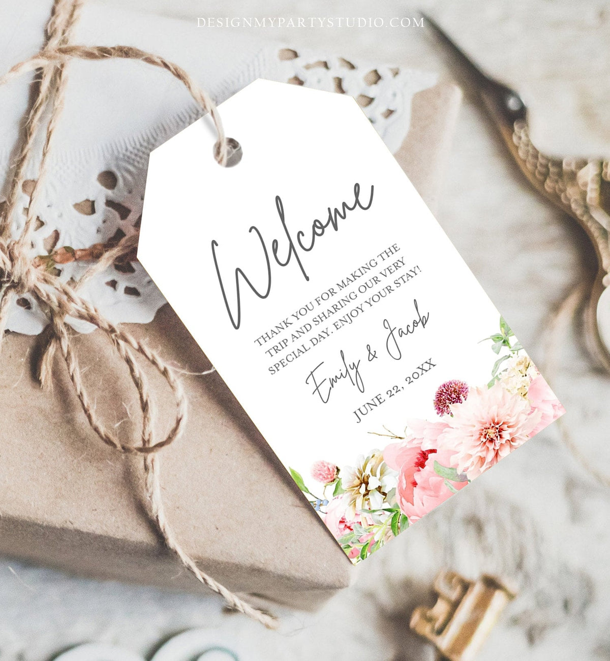 Editable Welcome Favor Tag Botanical Flowers Thank You Tags Bridal Shower Wedding Pink Flowers Foliage Peony Corjl Template Printable 0167
