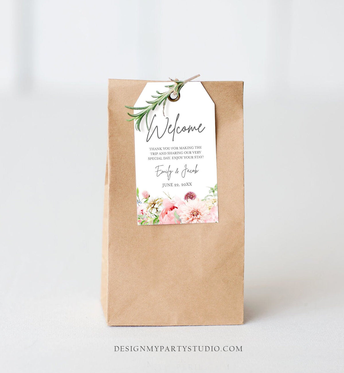 Editable Welcome Favor Tag Botanical Flowers Thank You Tags Bridal Shower Wedding Pink Flowers Foliage Peony Corjl Template Printable 0167