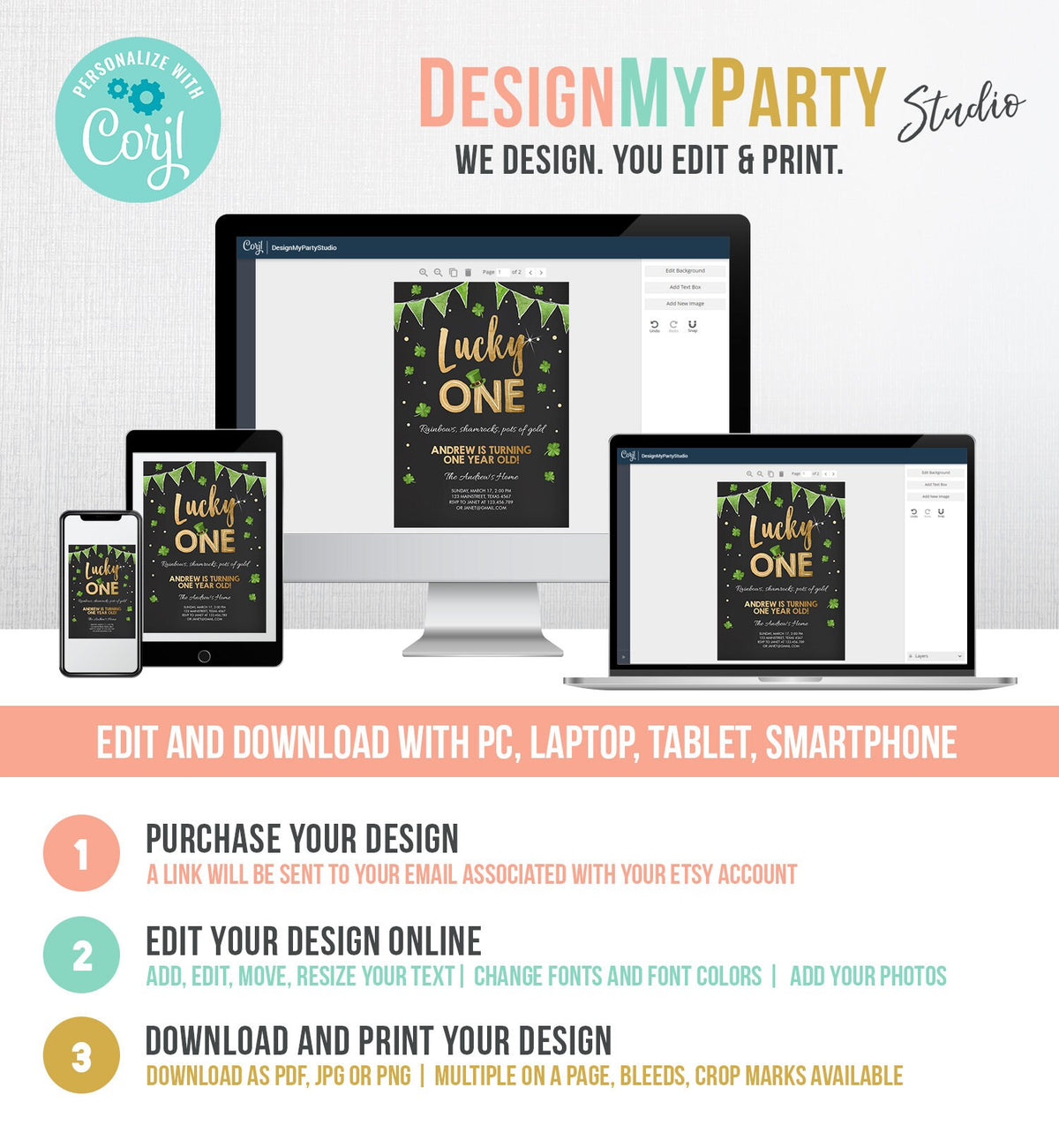 Editable St. Patrick&#39;s Day Birthday Invitation Shamrock Clover St Patricks day Birthday Lucky One Printable Invite Template Corjl 0115