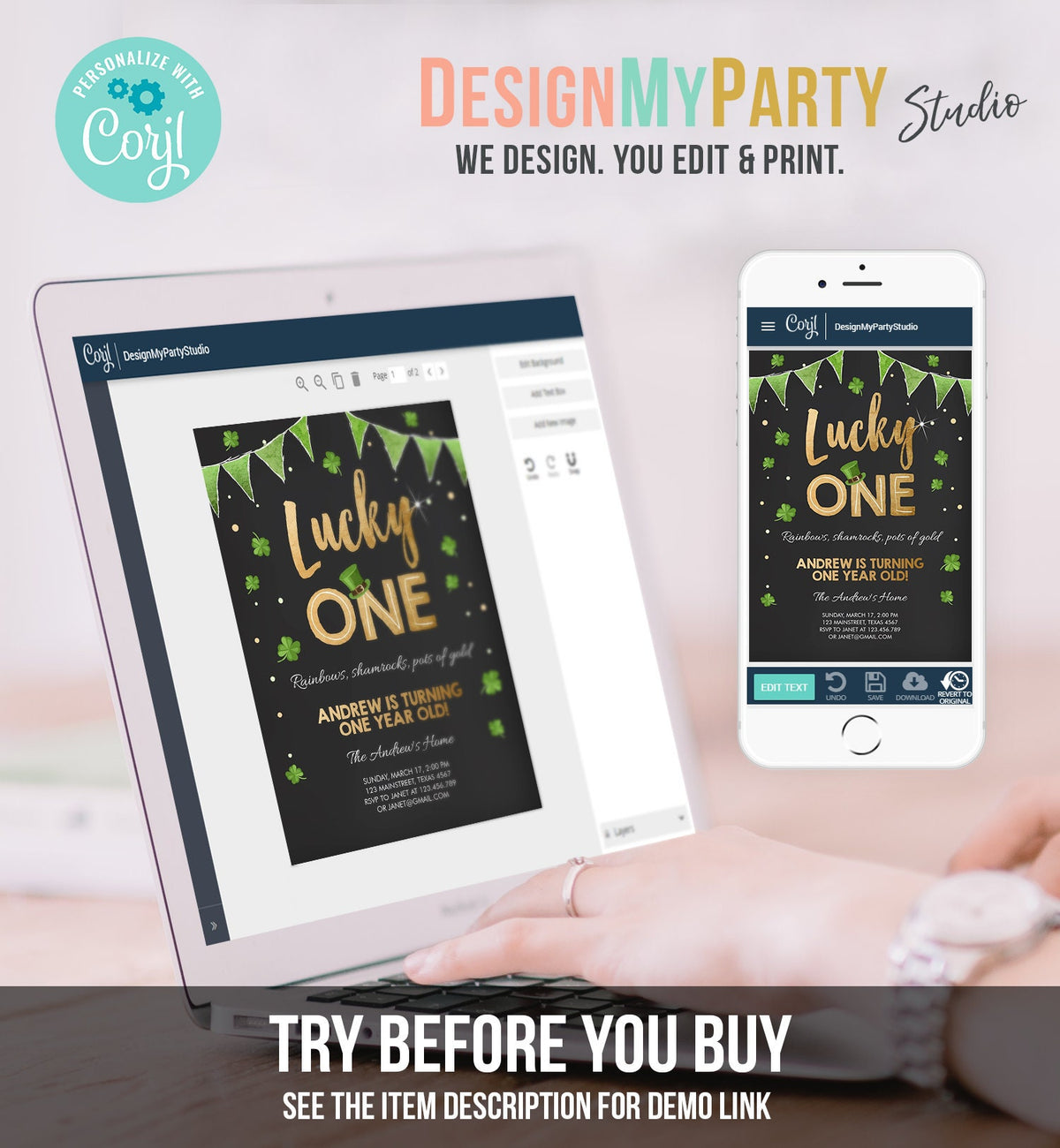 Editable St. Patrick&#39;s Day Birthday Invitation Shamrock Clover St Patricks day Birthday Lucky One Printable Invite Template Corjl 0115