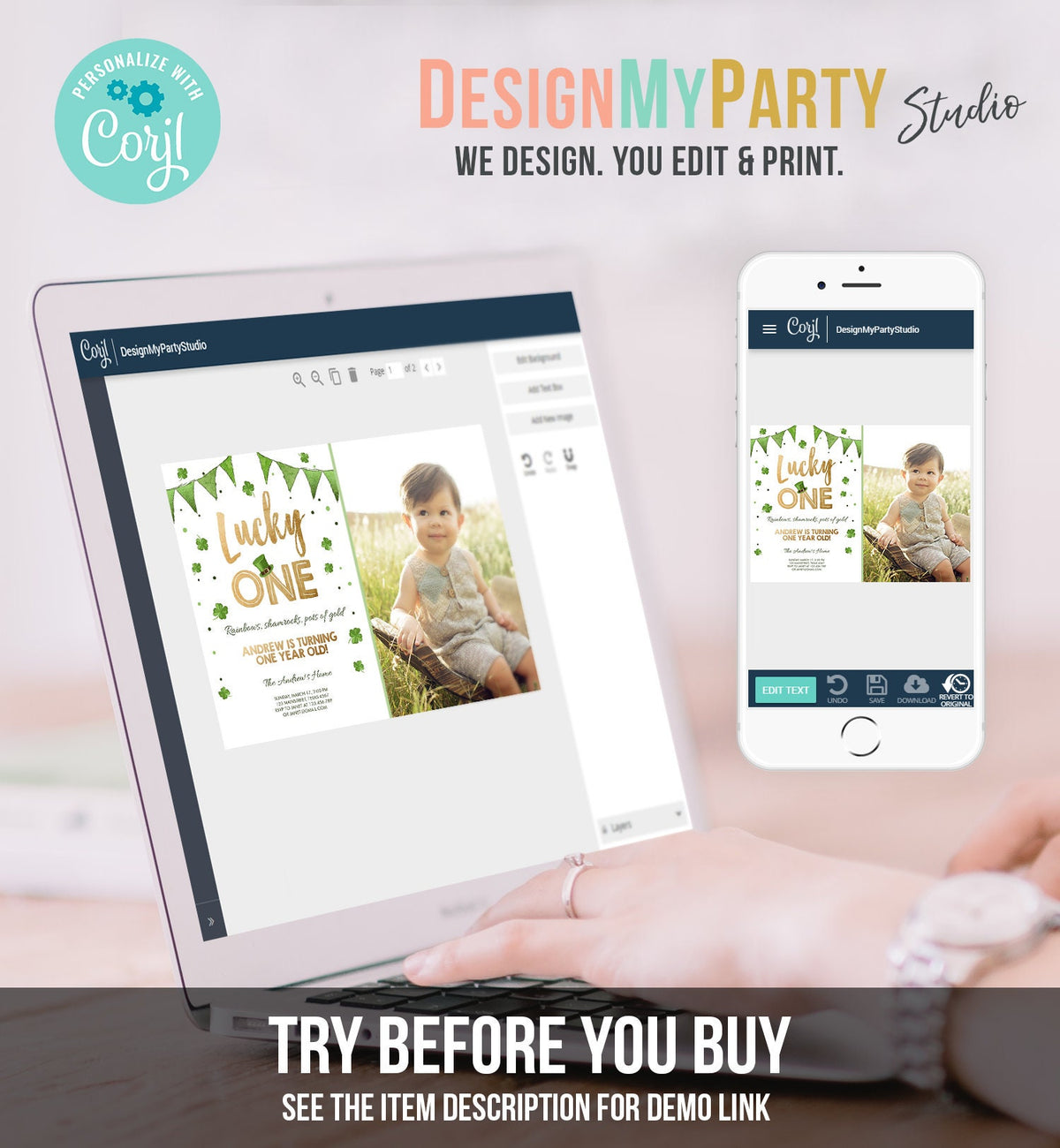 Editable St. Patrick&#39;s Day Birthday Invitation Shamrock Clover St Patricks day Birthday Lucky One Digital Download Template Printable 0115