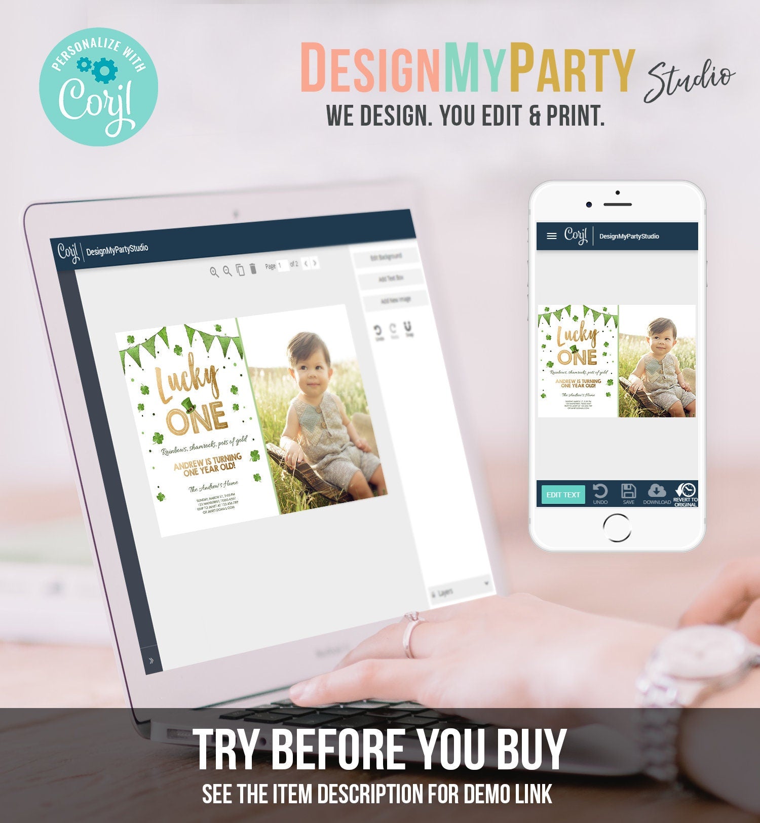 Editable St. Patrick's Day Birthday Invitation Shamrock Clover St Patricks day Birthday Lucky One Digital Download Template Printable 0115