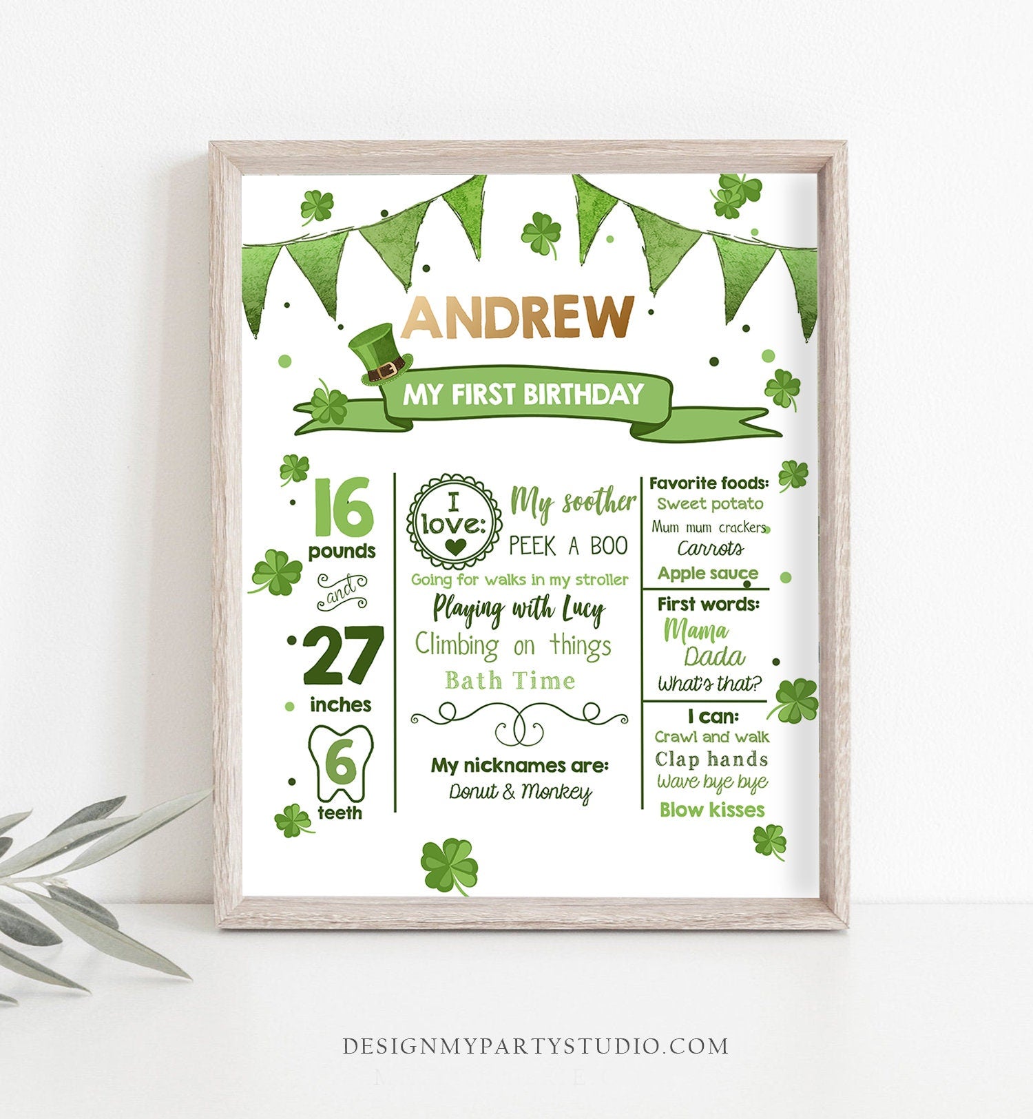 Editable St Patricks Day Milestones Sign Lucky 1sr Birthday Sign Shamrock 1st Birthday Gold Green Clover Digital Template Printable 0115