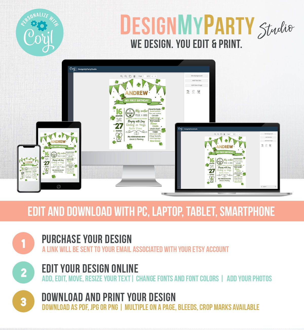 Editable St Patricks Day Milestones Sign Lucky 1sr Birthday Sign Shamrock 1st Birthday Gold Green Clover Digital Template Printable 0115