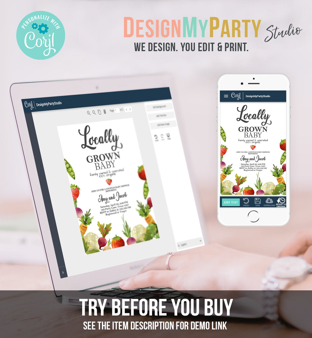 Editable Locally Grown Baby Shower Invitation Farmers Market Fruits and Veggies Vegetable Digital Download Evite Template Printable 0144