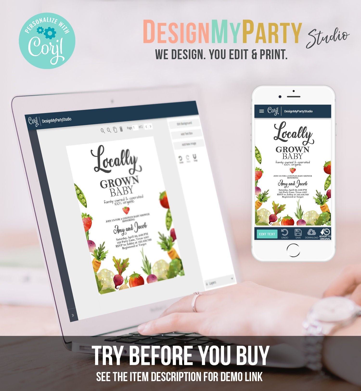 Editable Locally Grown Baby Shower Invitation Farmers Market Fruits and Veggies Vegetable Digital Download Evite Template Printable 0144