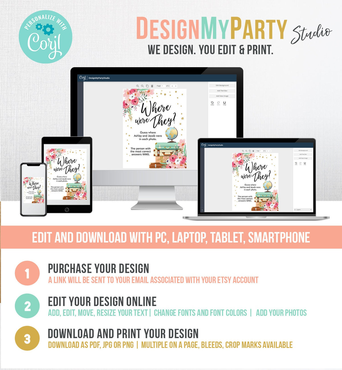 Editable Where were They? Bridal Shower Game Wedding Shower Activity Floral Travel Adventure Bride and Groom Template PRINTABLE Corjl 0030