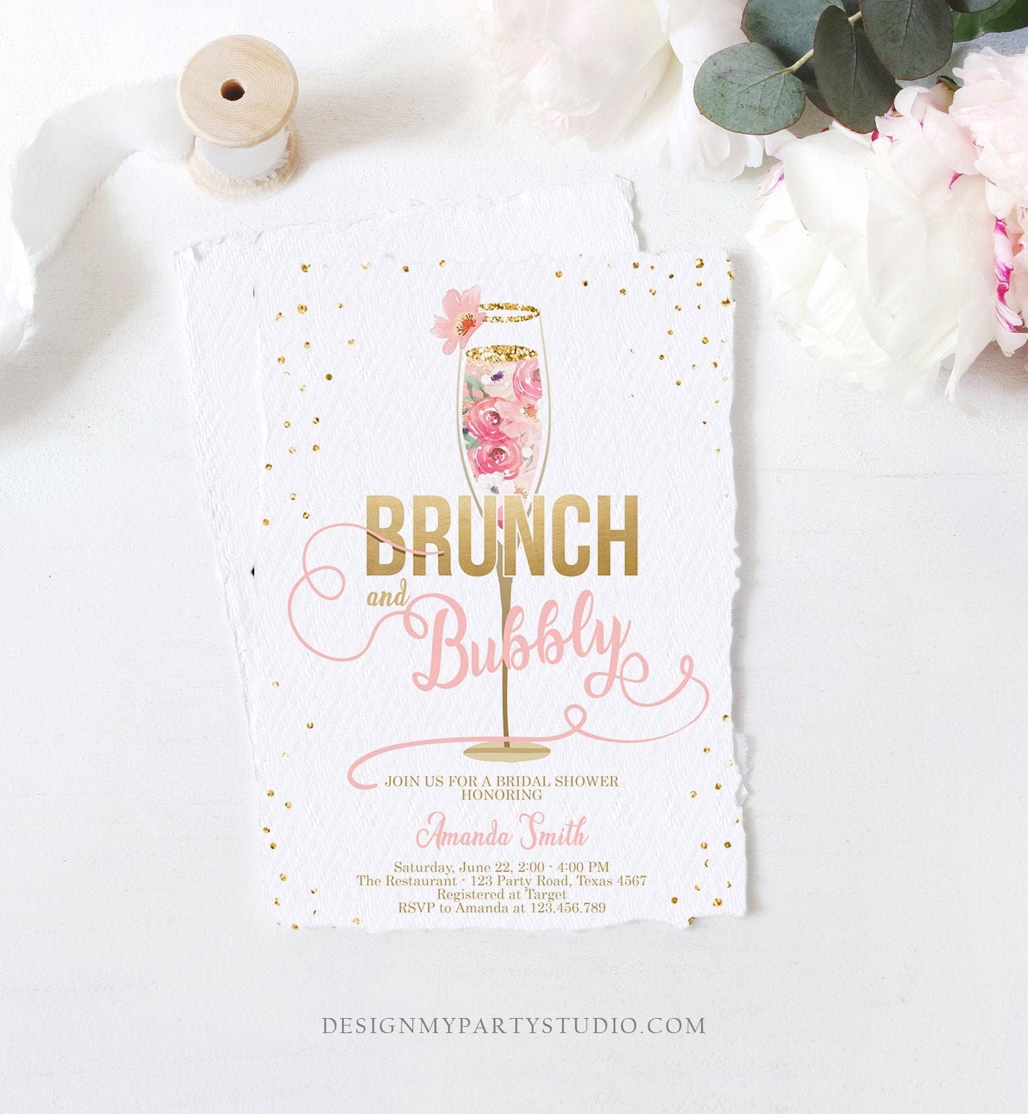 Editable Brunch and Bubbly Bridal Shower Invitation Floral Champagne Gold Pink Wedding Digital Download Corjl Template Printable 0150