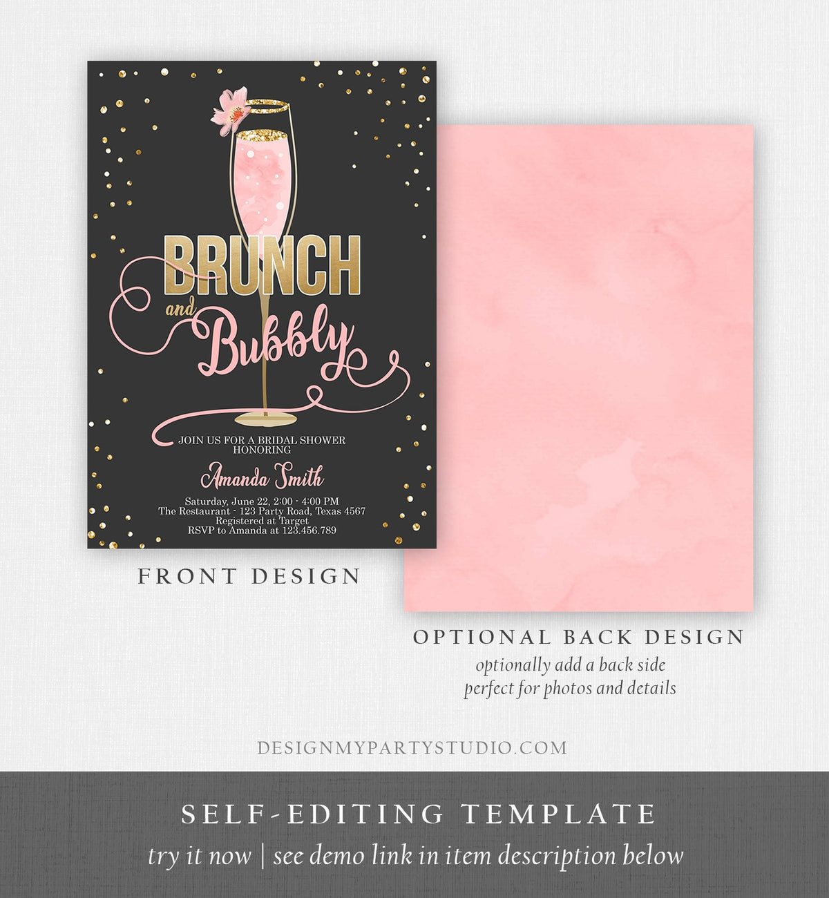 Editable Brunch and Bubbly Bridal Shower Invitation Floral Champagne Gold Pink Wedding Digital Download Evite Template Printable 0150