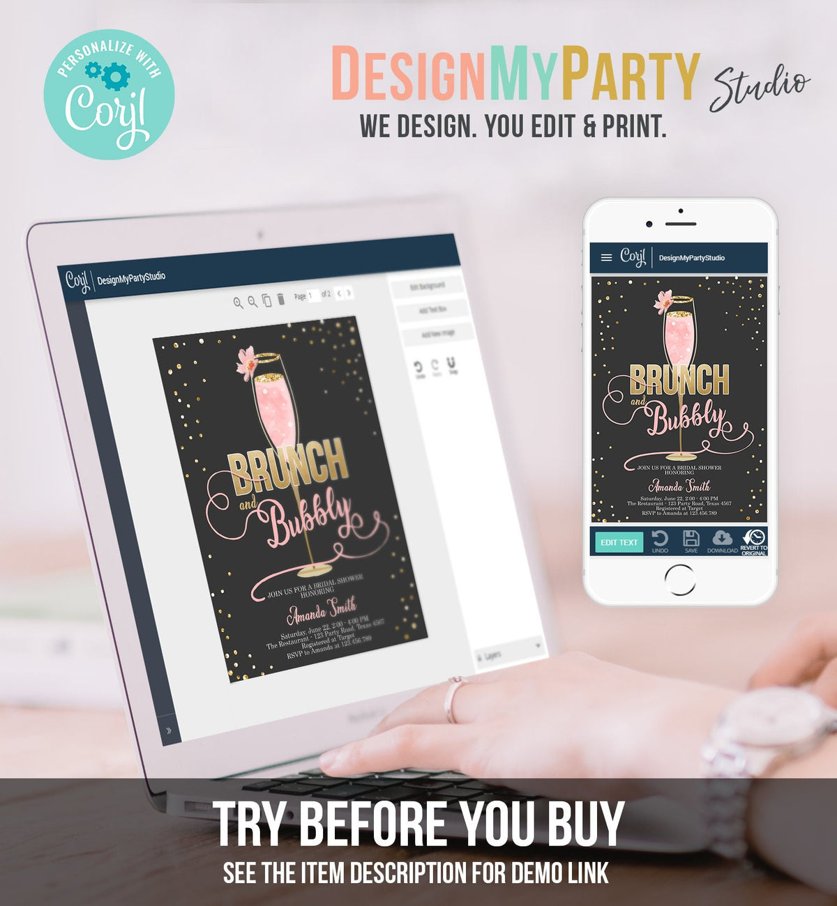 Editable Brunch and Bubbly Bridal Shower Invitation Floral Champagne Gold Pink Wedding Digital Download Evite Template Printable 0150