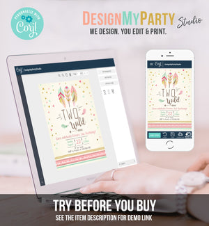 Editable Two Wild Birthday Invitation Feathers Tribal Girl Pink Boho Arrow Coral Mint Instant Download Printable Corjl Template Digital 0073