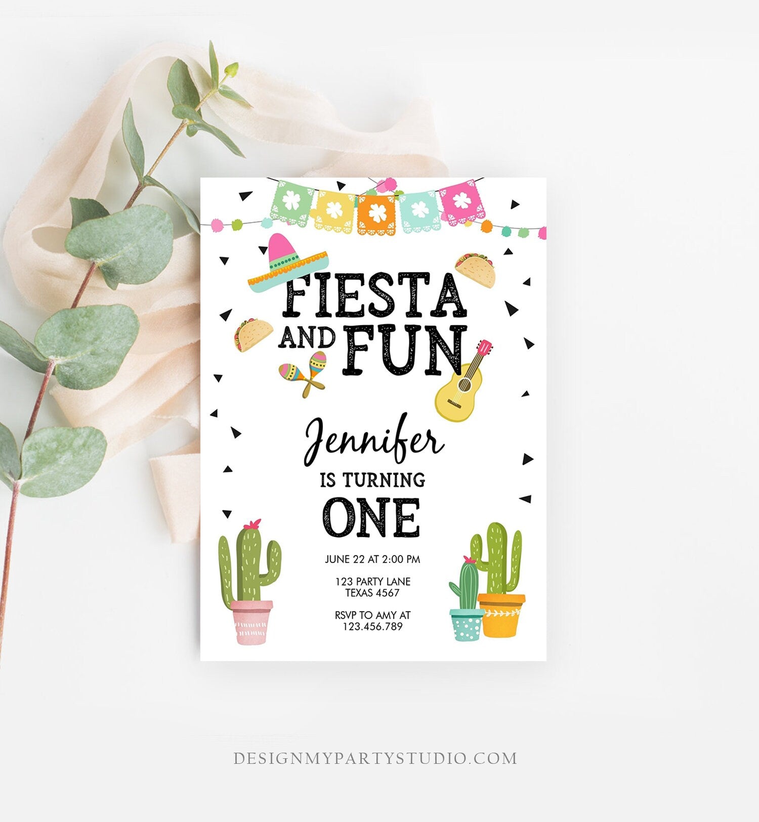 Editable Fiesta and Fun Birthday Invitation First Fiesta Cactus Sombrero Girl Instant Download Printable Invitation Template Corjl 0161