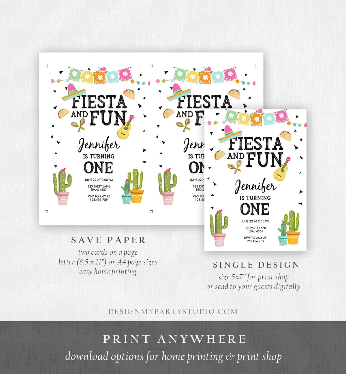 Editable Fiesta and Fun Birthday Invitation Girl First Fiesta Cactus Sombrero Mexican Digital Download Evite Template Printable 0161