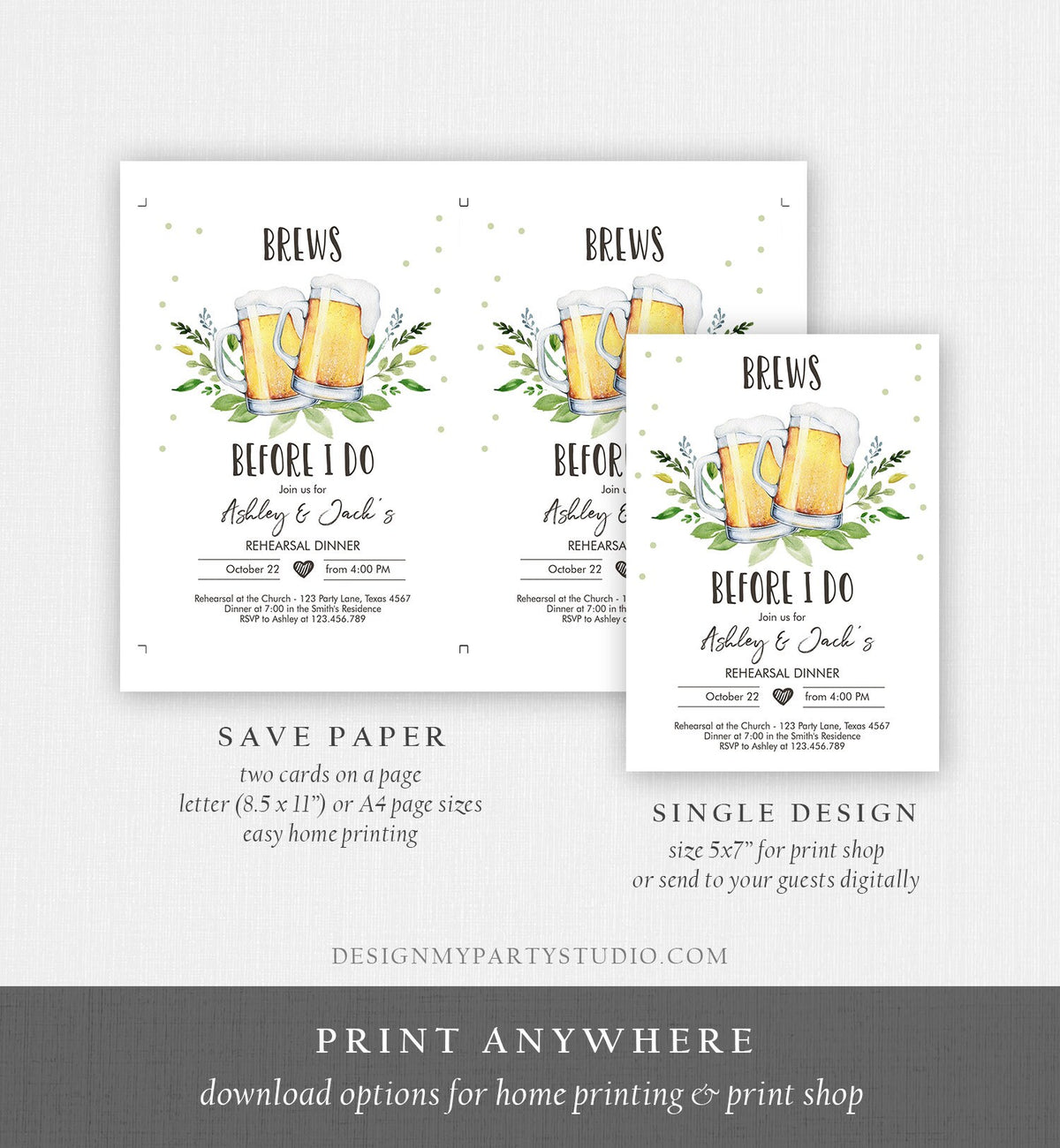 Editable Brews Before I Do Invitation Rehearsal Dinner Invitation Rustic Greenery Couples Shower Digital Download Template Printable 0190