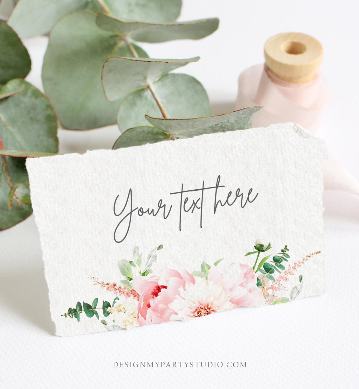 Editable Botanical Flowers Food Label Place Card Tent Card Escort Card Buffet Card Wedding Bridal Shower Pink Peony Corjl Template 0167