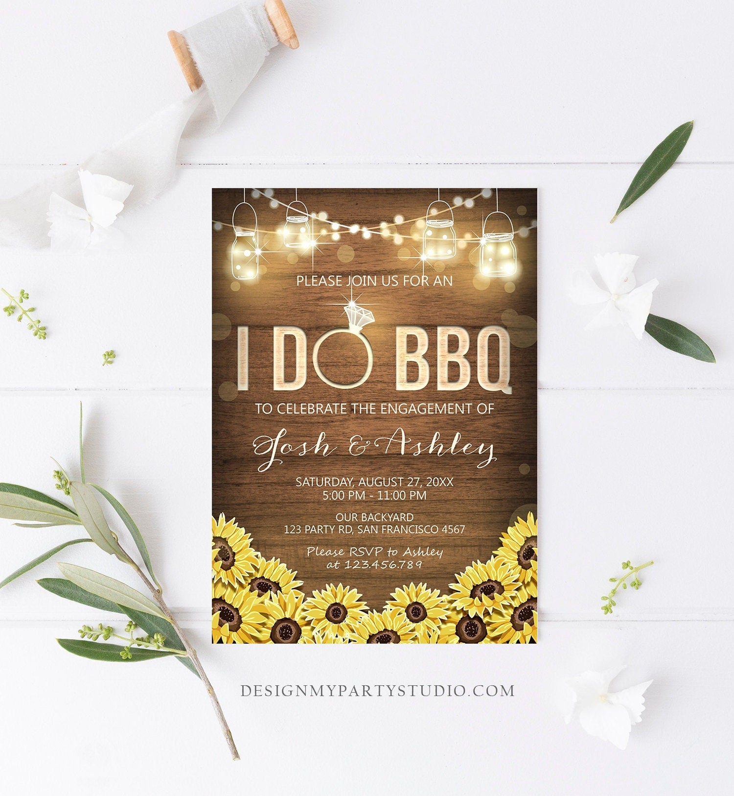 Editable I Do BBQ Invitation Couples Shower Engagement Party Rustic Wood Lights Sunflowers Digital Download Evite Template Printable 0015