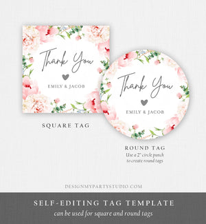 Editable Botanical Flowers Favor Tag Round Square Bridal Shower Wedding Thank You Pink Floral Peony Stickers Corjl Template Printable 0167