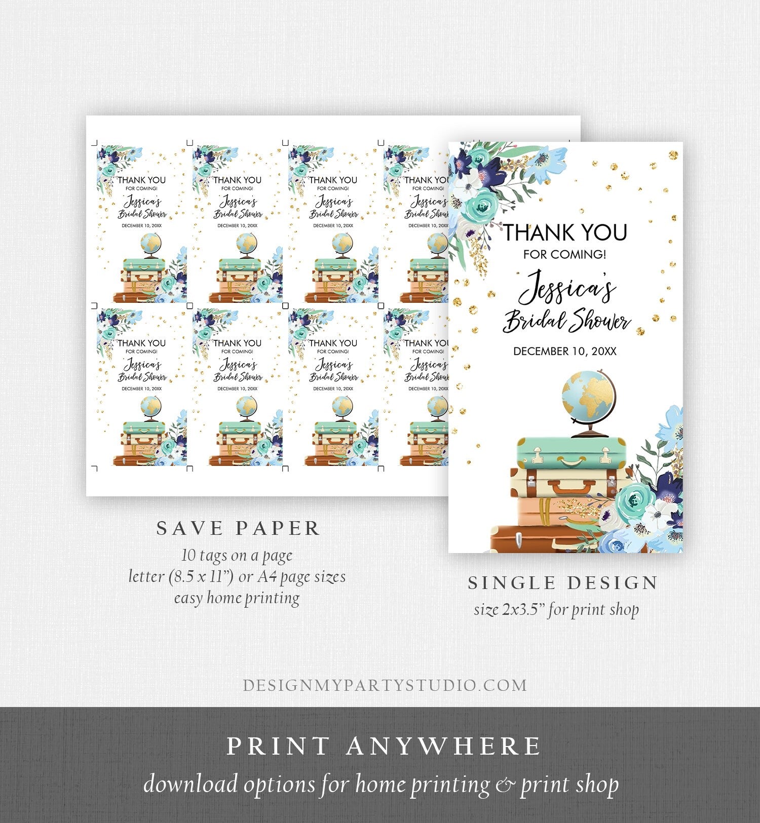 Editable Travel Thank You Tag Traveling to Mrs Bridal Shower Favor Tag Adventure Blue Floral Travel Adventure Corjl Template PRINTABLE 0030