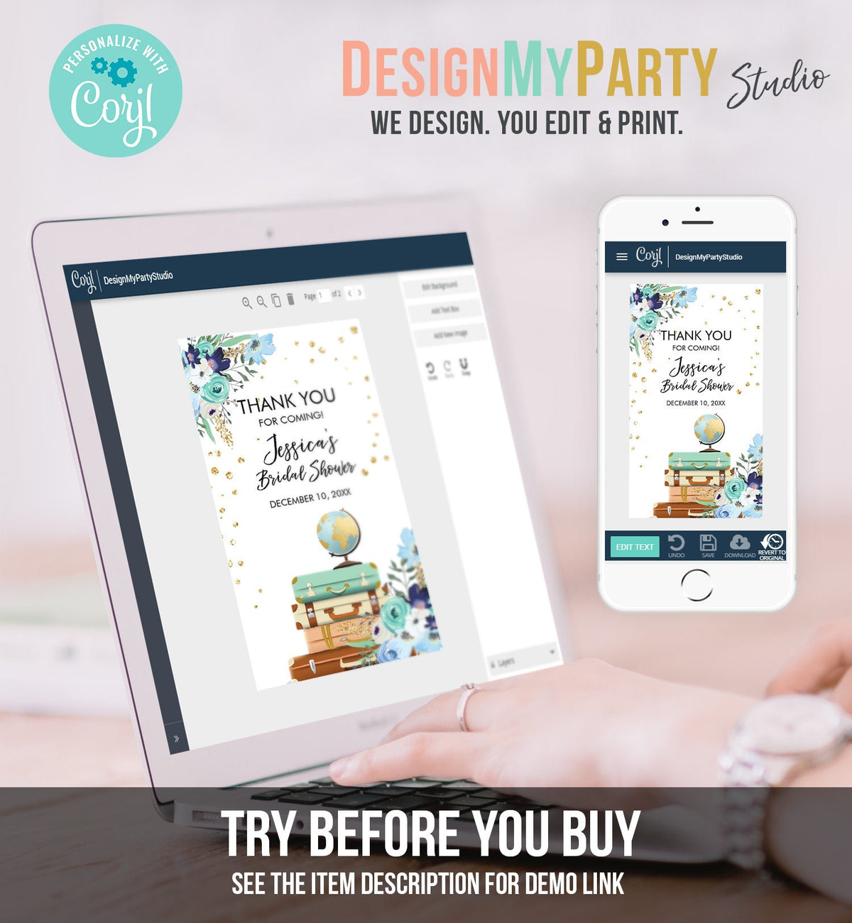 Editable Travel Thank You Tag Traveling to Mrs Bridal Shower Favor Tag Adventure Blue Floral Travel Adventure Corjl Template PRINTABLE 0030