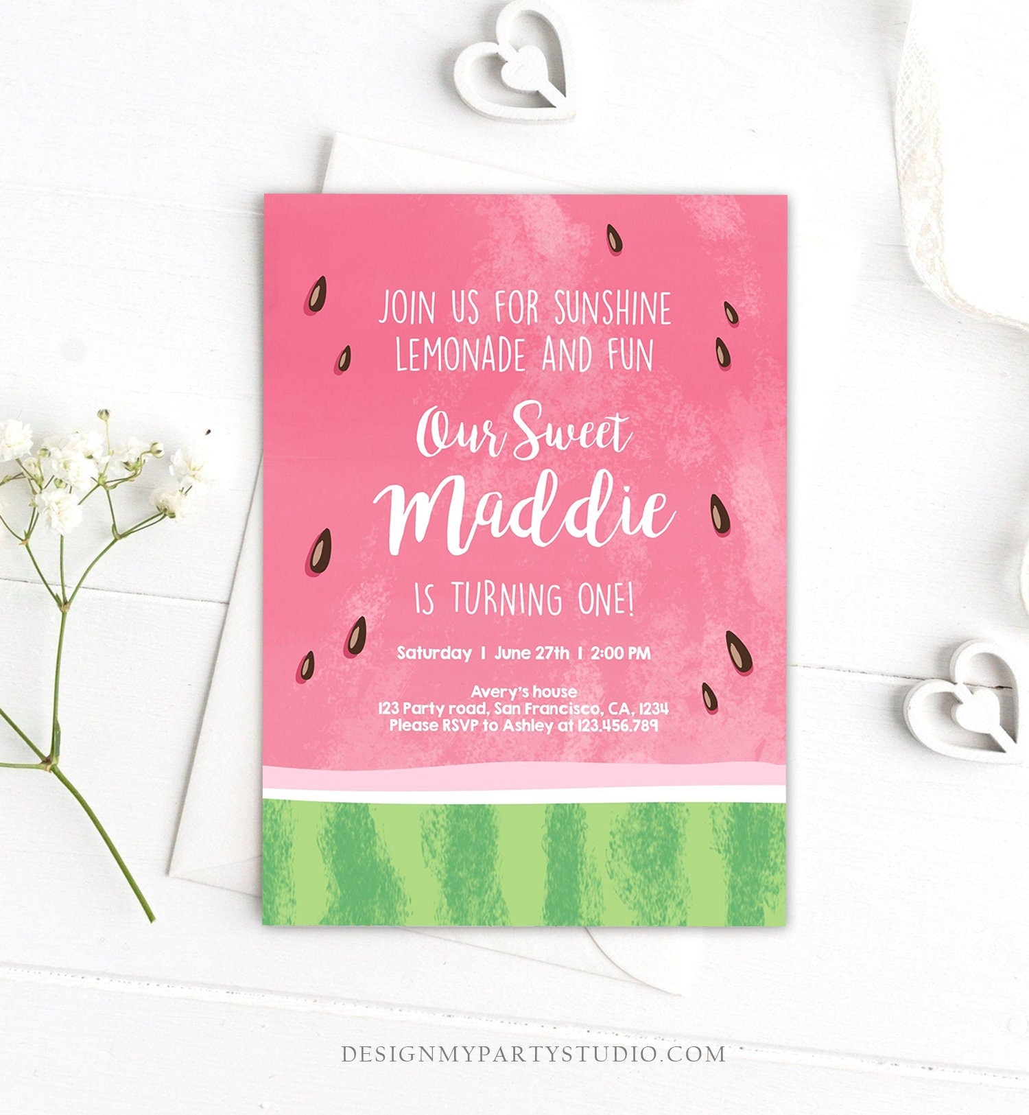 Editable Watermelon Birthday Invitation One in a Melon Invite Melon Party Summer Lemonade Digital Download Corjl Template Printable 0250