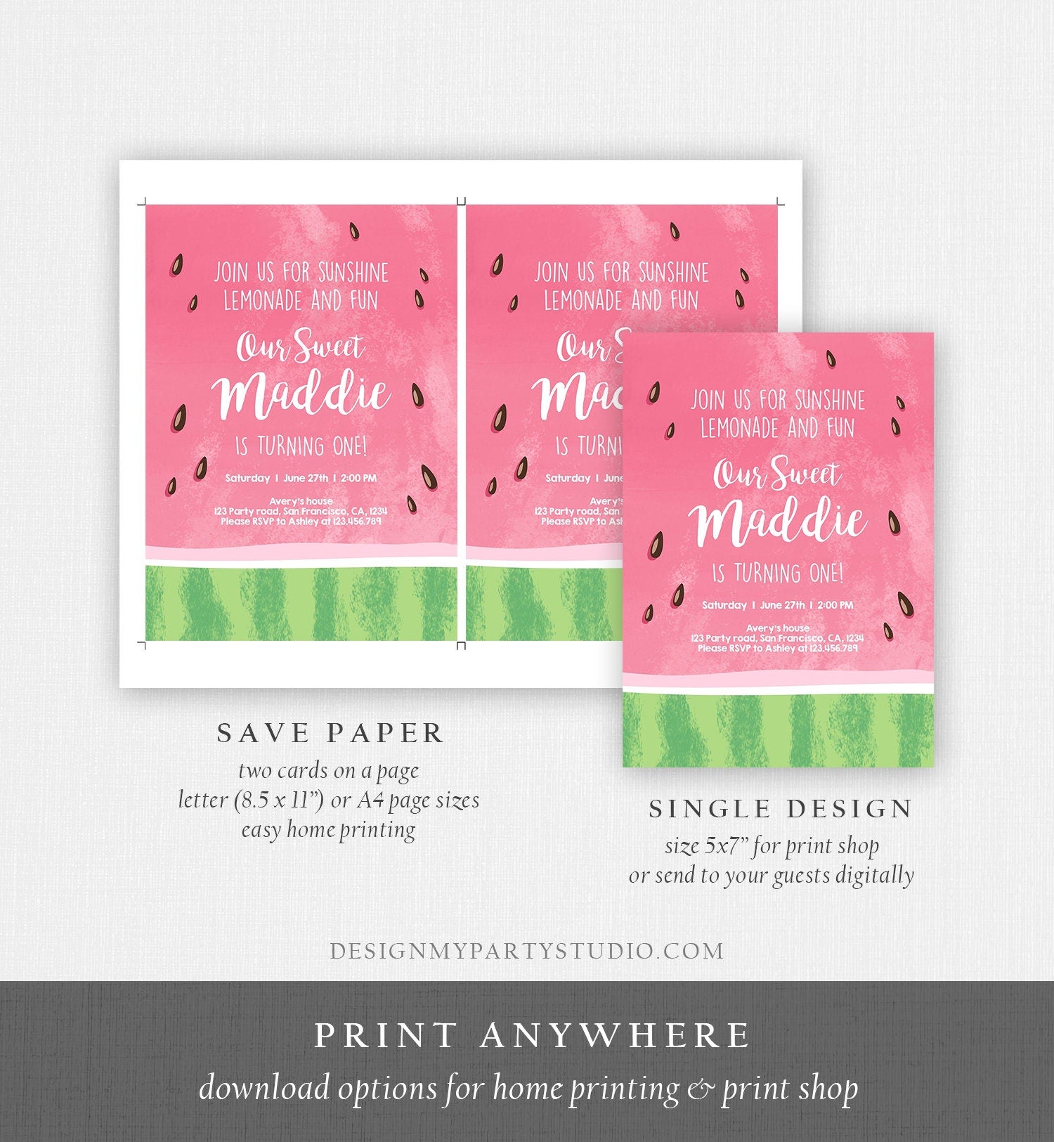 Editable Watermelon Birthday Invitation One in a Melon Invite Melon Party Summer Lemonade Digital Download Evite Template Printable 0250