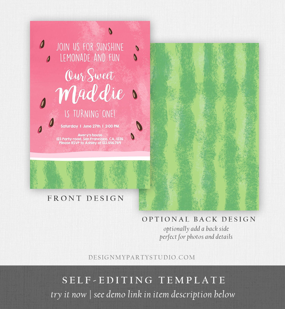 Editable Watermelon Birthday Invitation One in a Melon Invite Melon Party Summer Lemonade Digital Download Evite Template Printable 0250