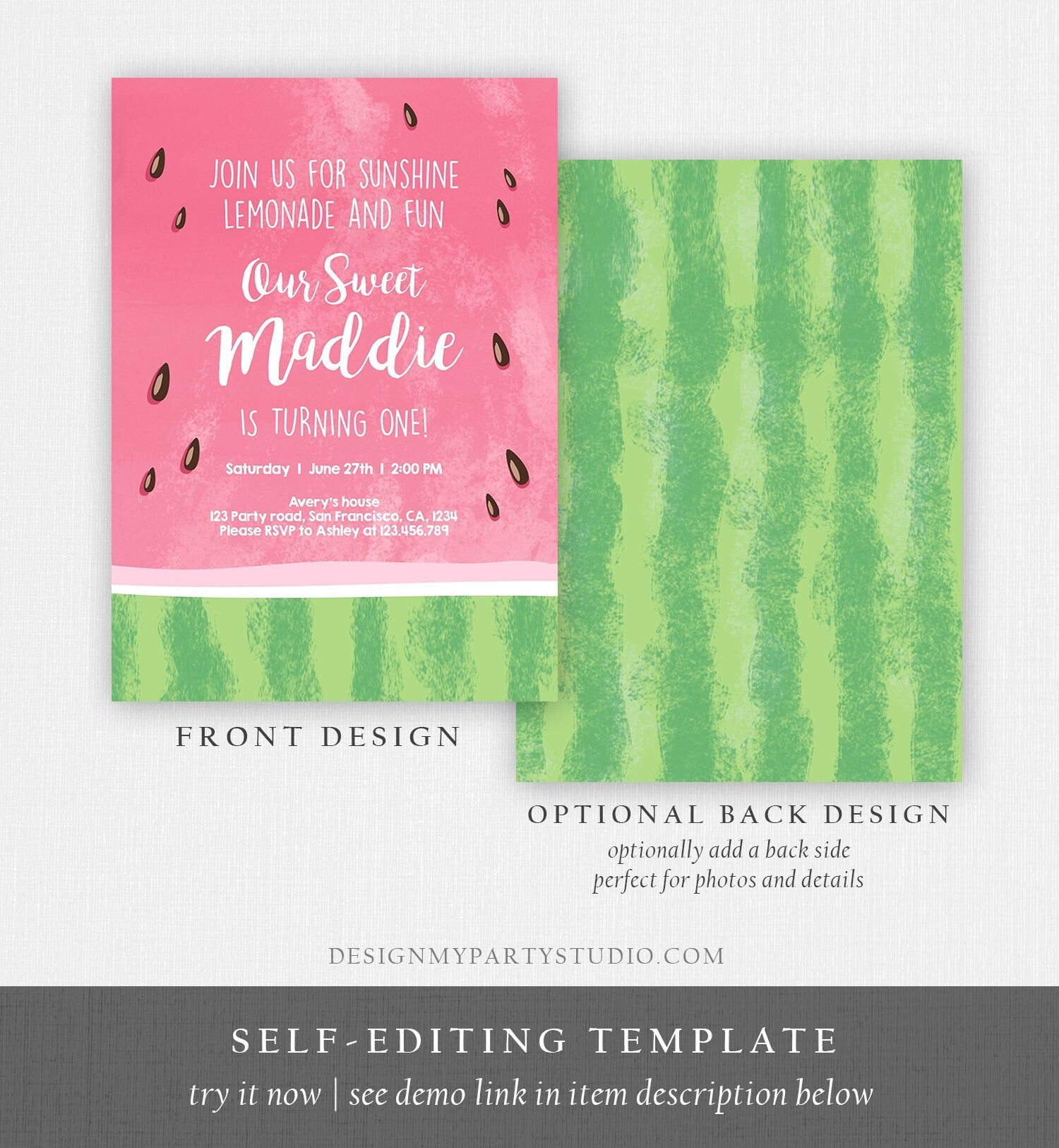 Editable Watermelon Birthday Invitation One in a Melon Invite Melon Party Summer Lemonade Digital Download Evite Template Printable 0250