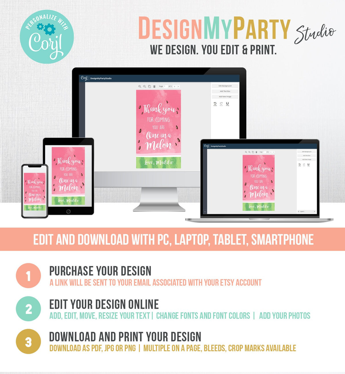 Editable Watermelon Party Favor Tags Birthday Thank you tags Watermelon Party Thank You Tags One in a Melon Summer PRINTABLE Corjl 0250