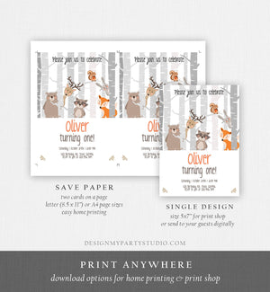 Editable Birthday Invitation Woodland First Birthday Forest Animals Bear Fox Birch Trees Simple Boy Download Printable Template Corjl 0010