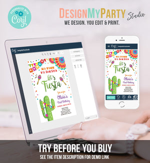 Editable Let's Fiesta Birthday Invitation No Time To Siesta Girl Cactus Samba Confetti First Birthday Download Corjl Template Printable 0045