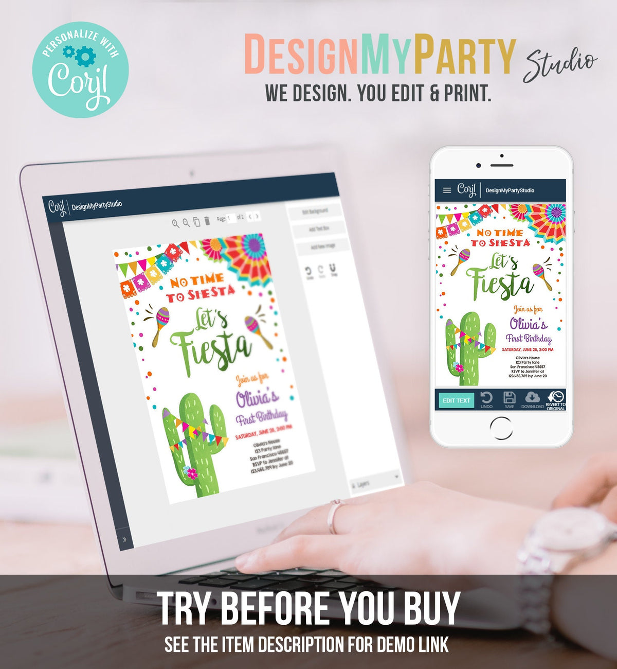Editable Let&#39;s Fiesta Birthday Invitation No Time To Siesta Girl Cactus Samba Confetti First 1st Digital Download Template Printable 0045
