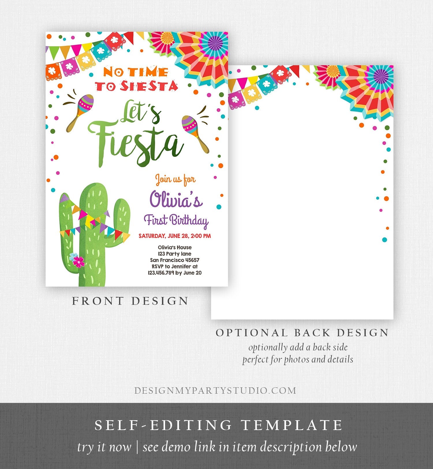 Editable Let's Fiesta Birthday Invitation No Time To Siesta Girl Cactus Samba Confetti First 1st Digital Download Template Printable 0045