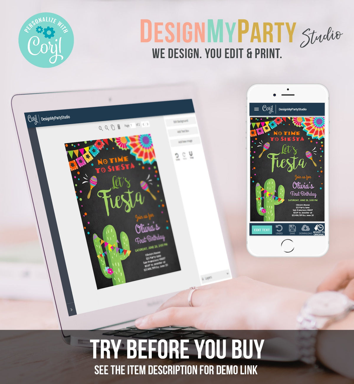 Editable Let&#39;s Fiesta Birthday Invitation No Time To Siesta Girl Cactus Samba Confetti First Birthday Chalk Corjl Template Printable 0045