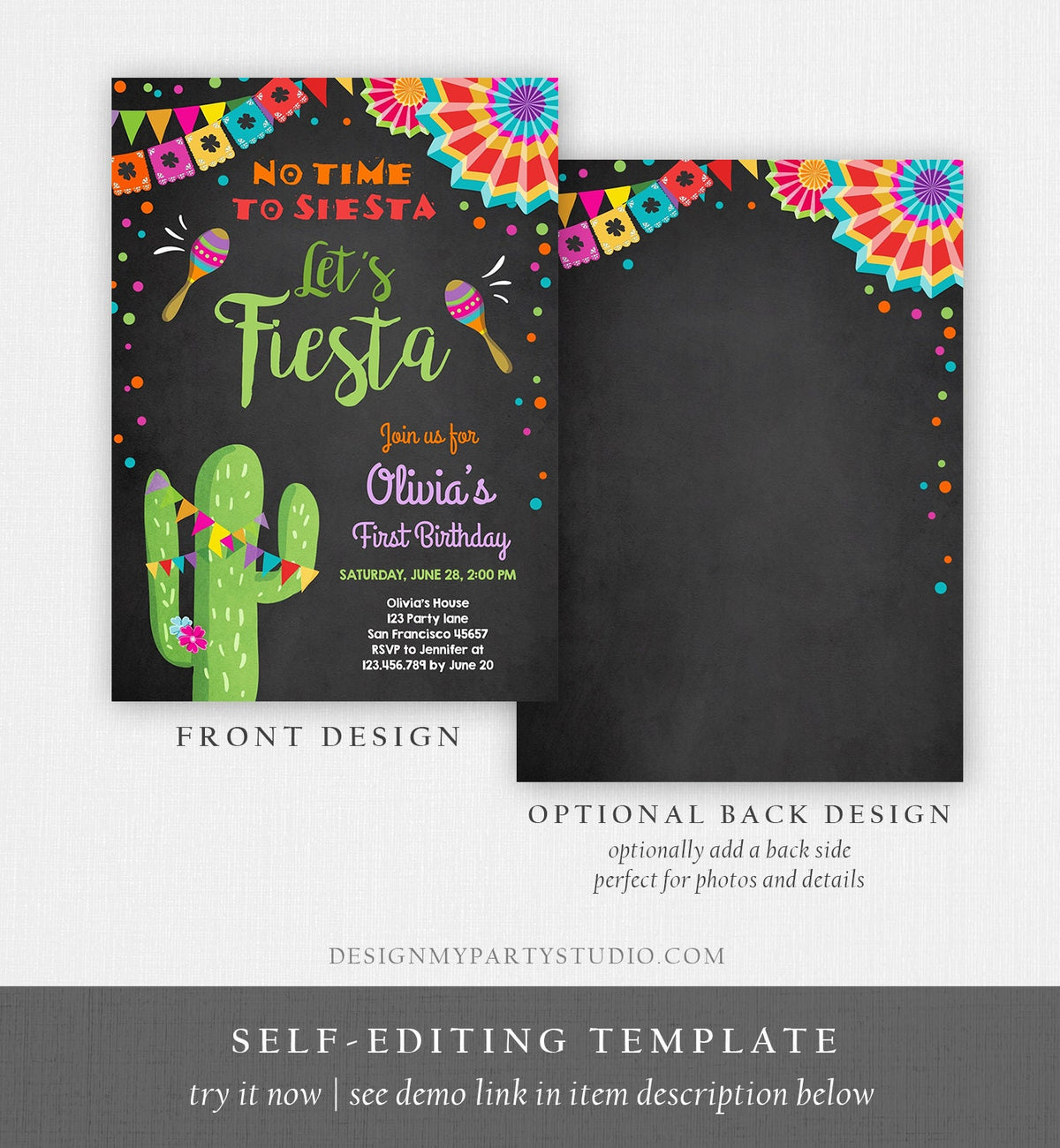 Editable Let&#39;s Fiesta Birthday Invitation No Time To Siesta Girl Cactus Samba Confetti First Birthday Chalk Corjl Template Printable 0045