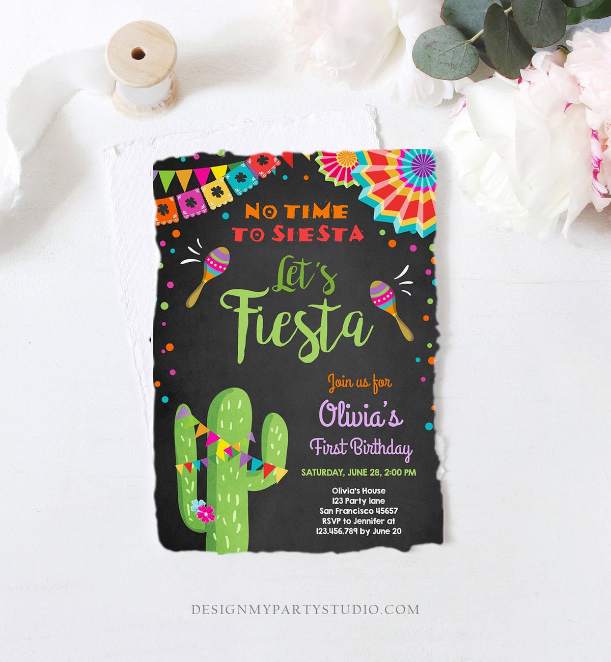 Editable Let&#39;s Fiesta Birthday Invitation No Time To Siesta Girl Cactus Samba Confetti First Birthday Chalk Corjl Template Printable 0045