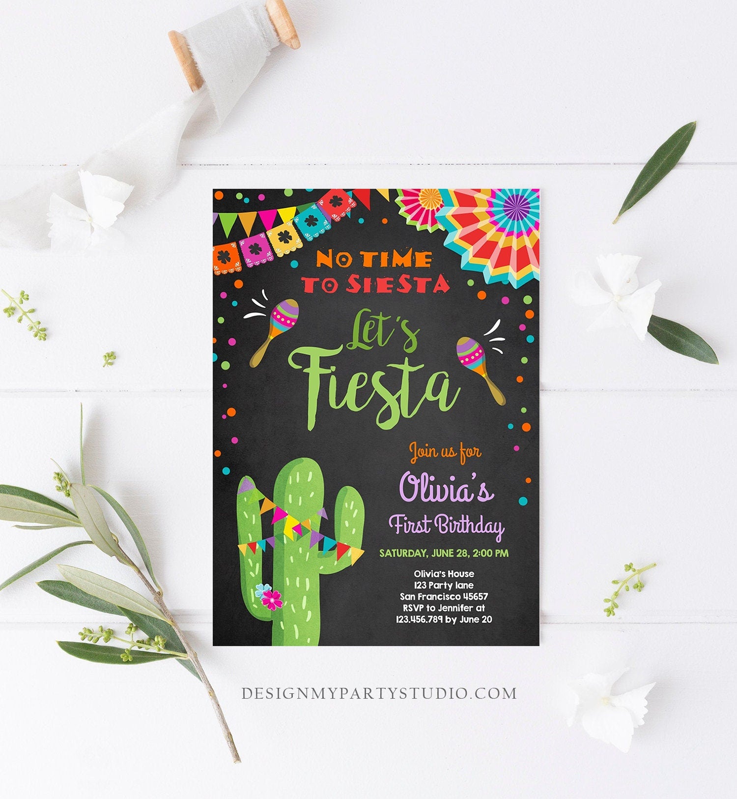 Editable Let's Fiesta Birthday Invitation No Time To Siesta Girl Cactus Samba Confetti First Birthday Chalk Corjl Template Printable 0045