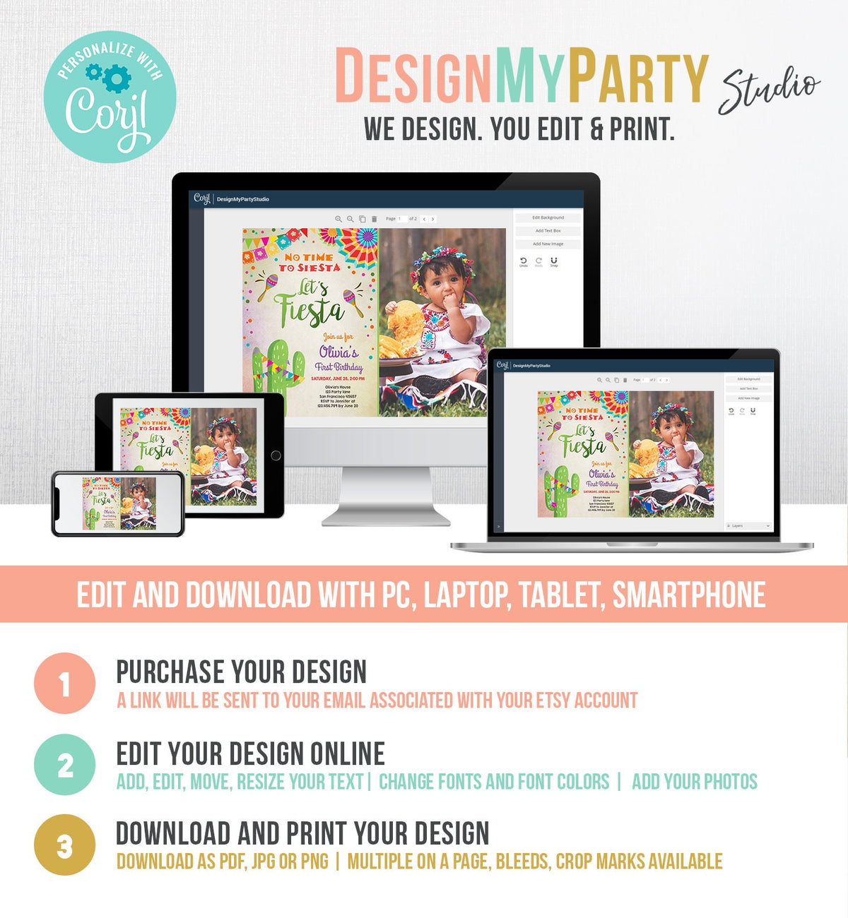 Editable Let&#39;s Fiesta Birthday Invitation No Time To Siesta Girl Cactus Samba Confetti First Birthday Photo Corjl Template Printable 0045