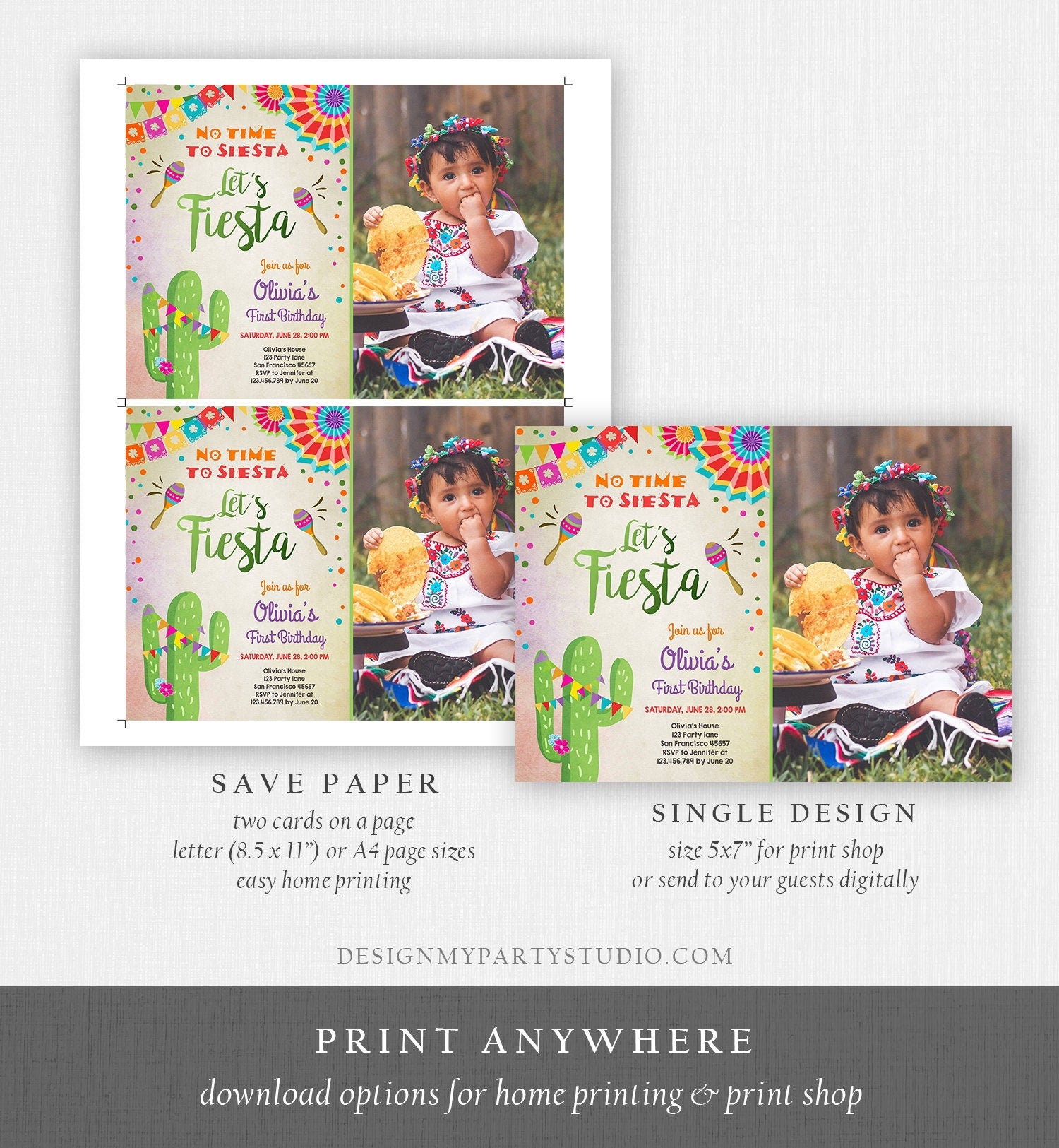 Editable Let's Fiesta Birthday Invitation No Time To Siesta Girl Cactus Samba Confetti First Birthday Photo Corjl Template Printable 0045