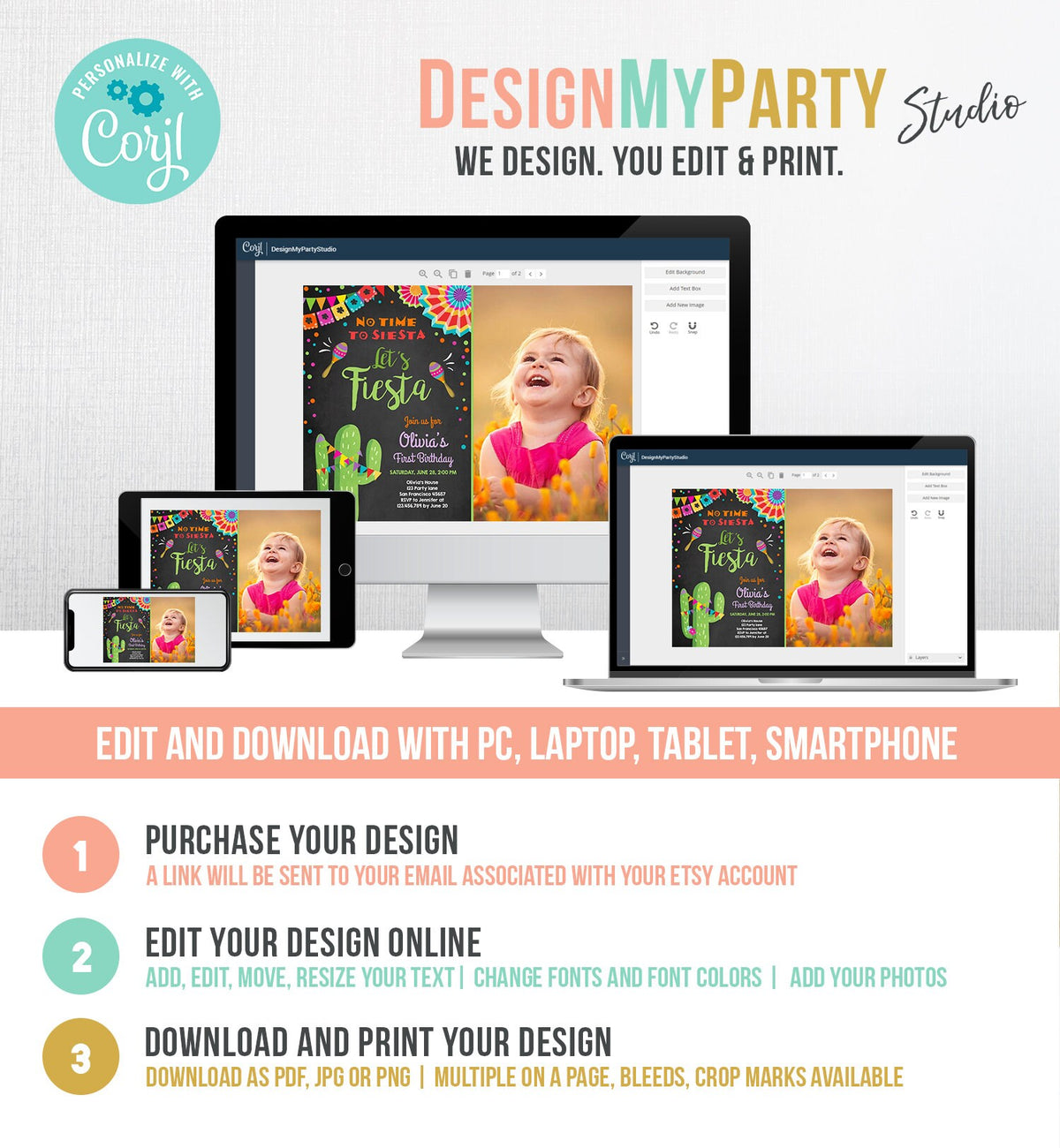 Editable Let&#39;s Fiesta Birthday Invitation No Time To Siesta Girl Cactus Samba Confetti First Birthday Download Corjl Template Printable 0045