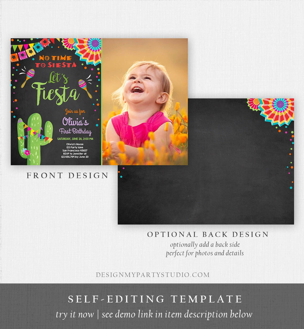 Editable Let&#39;s Fiesta Birthday Invitation No Time To Siesta Girl Cactus Samba Confetti First Birthday Download Corjl Template Printable 0045
