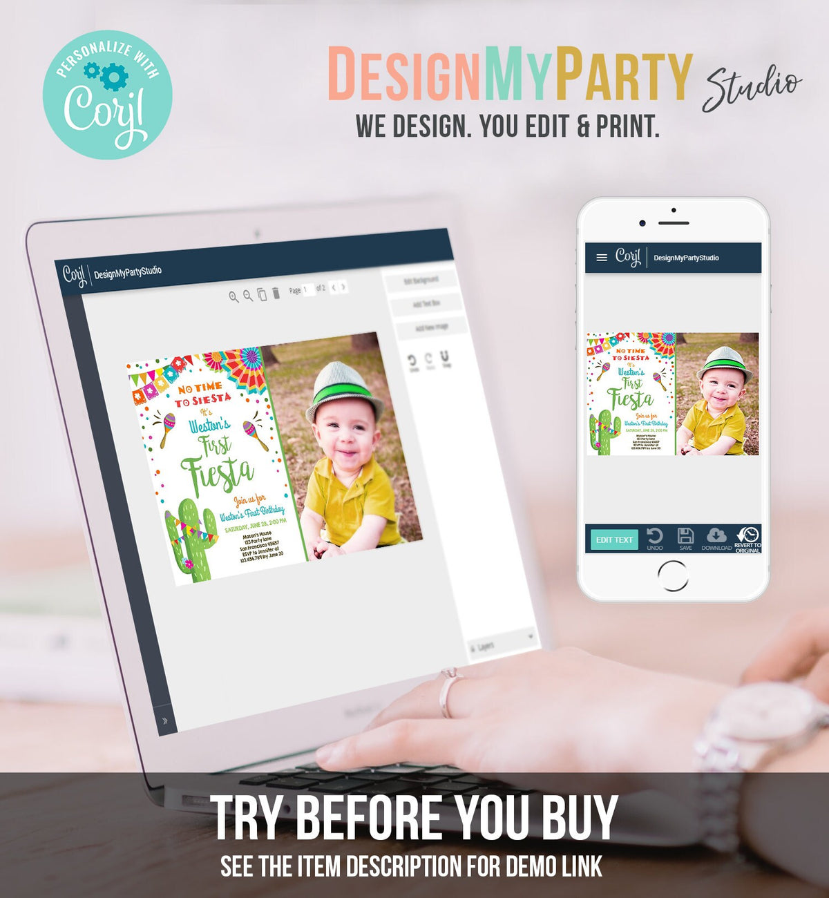 Editable First Fiesta Birthday Invitation Let&#39;s Fiesta No Time To Siesta Cactus Mexican Boy Samba Digital Evite Template Printable 0045