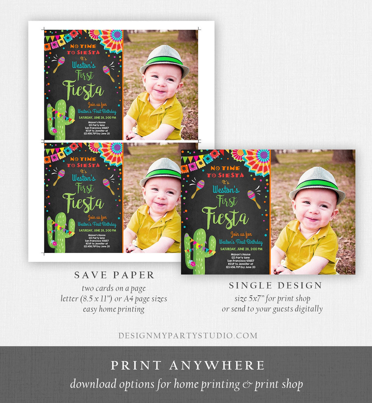 Editable First Fiesta Birthday Invitation Let&#39;s Fiesta No Time To Siesta Cactus Mexican Boy Samba Digital Evite Template Printable 0045
