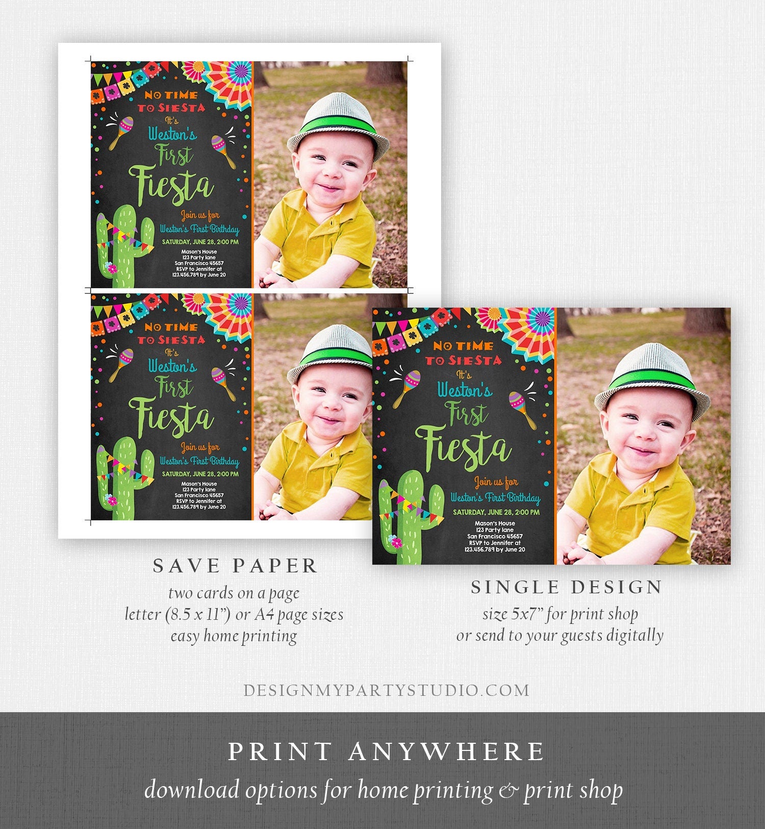Editable First Fiesta Birthday Invitation Let's Fiesta No Time To Siesta Cactus Mexican Boy Samba Digital Evite Template Printable 0045