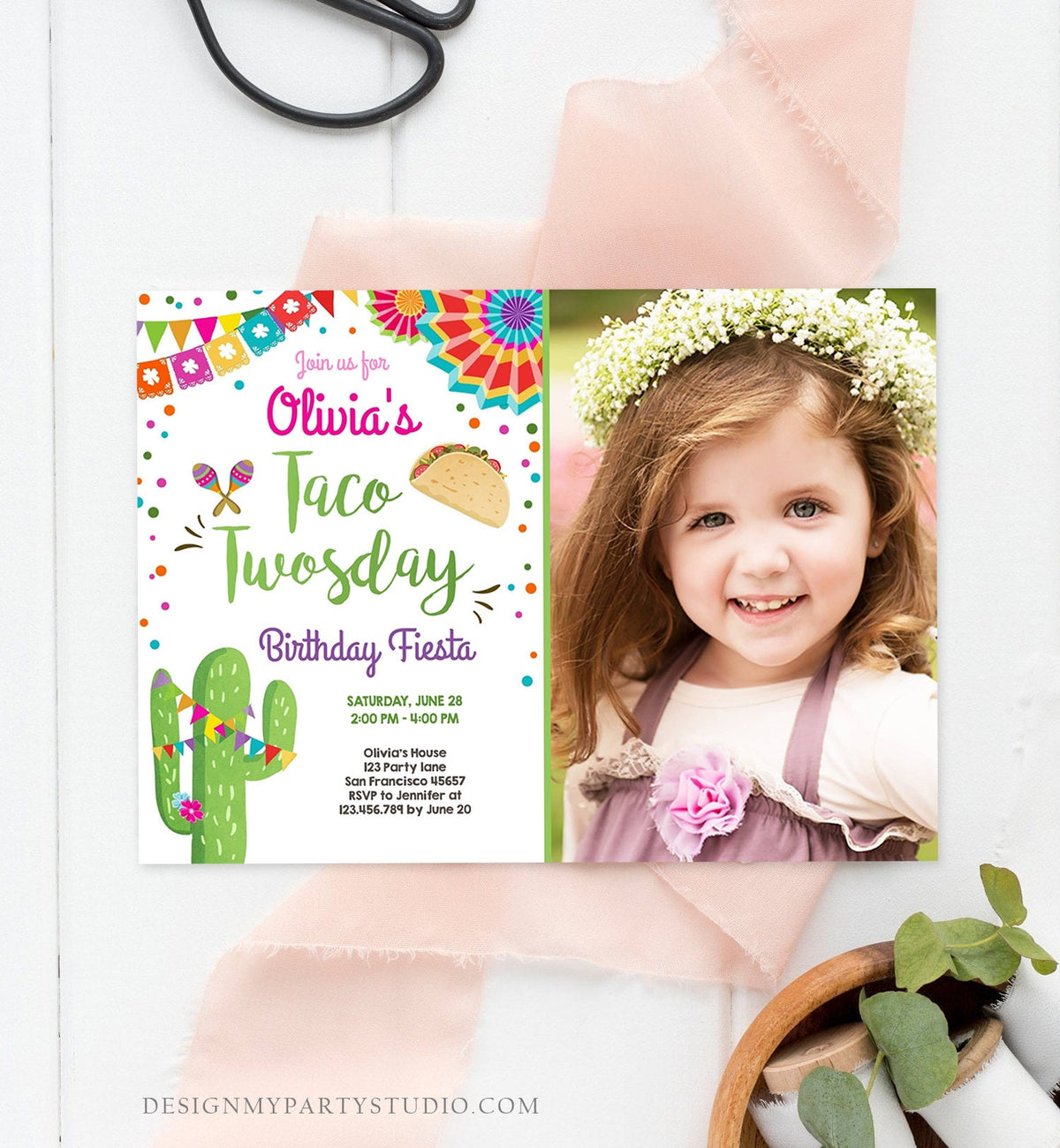 Editable Taco Twosday Invitation Girl Cactus Samba Twosday Second Birthday Fiesta 2nd Download Printable Invitation Template Evite 0045