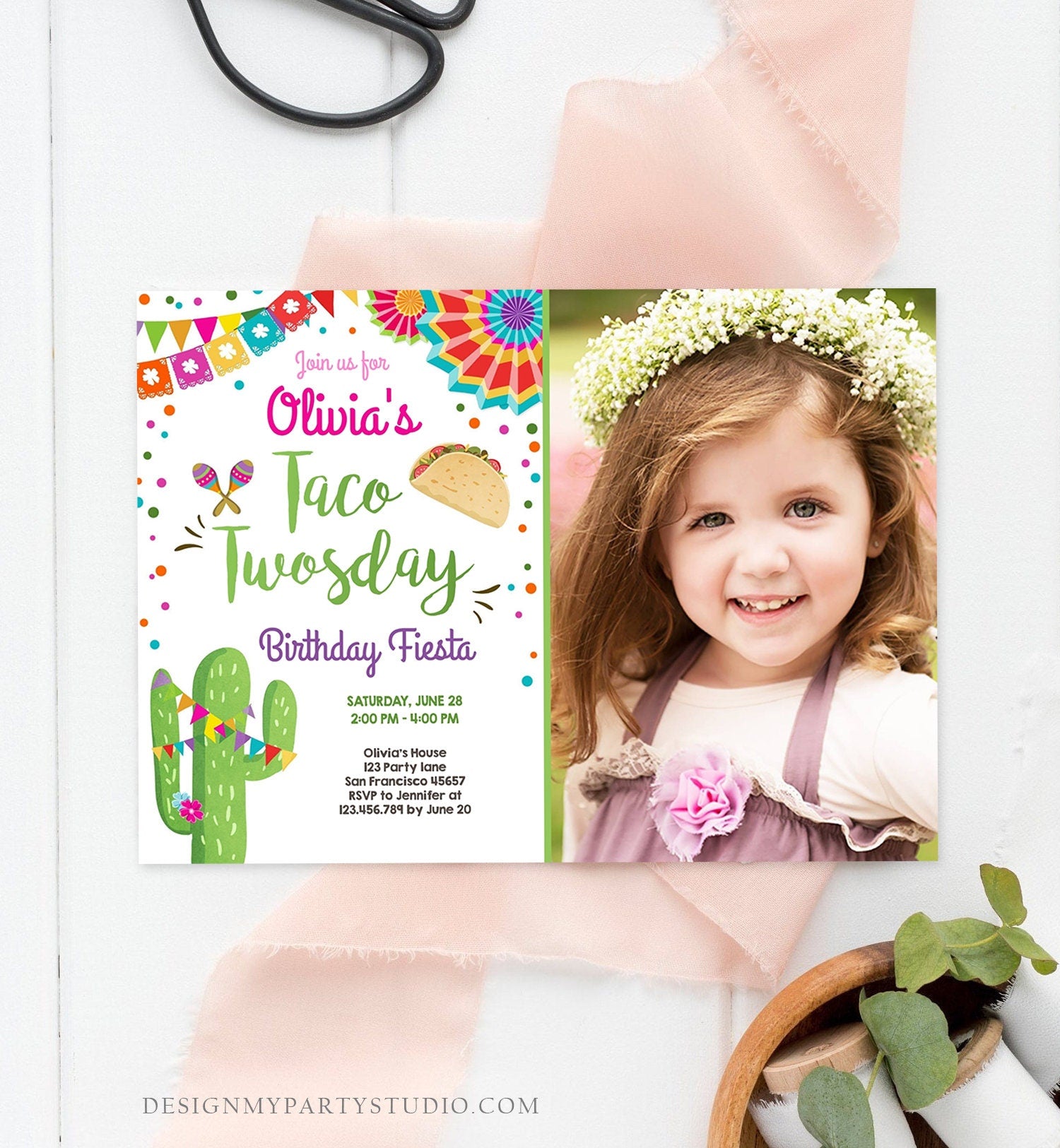 Editable Taco Twosday Invitation Girl Cactus Samba Twosday Second Birthday Fiesta 2nd Download Printable Invitation Template Evite 0045