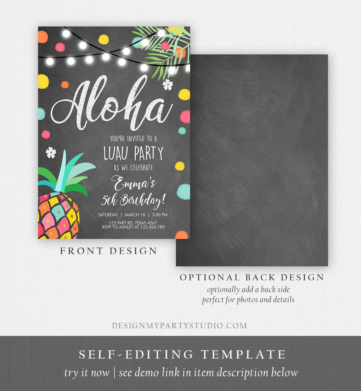 Editable Birthday Invitation Girl Aloha Pineapple Tropical Summer Party Beach Luau Party Hawaii Digital Download Template Printable 0201