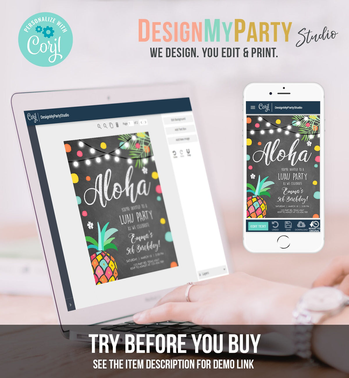 Editable Birthday Invitation Girl Aloha Pineapple Tropical Summer Party Beach Luau Party Hawaii Digital Download Template Printable 0201